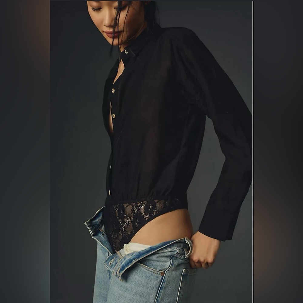 Pilcro Anthropologie Black Button-Front Bodysuit Blouse with Collar - Picture 6 of 13